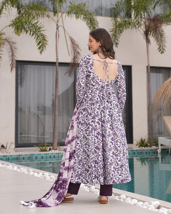 Womenline White And Purple Color Floral Printed Cotton Anarkali Suit