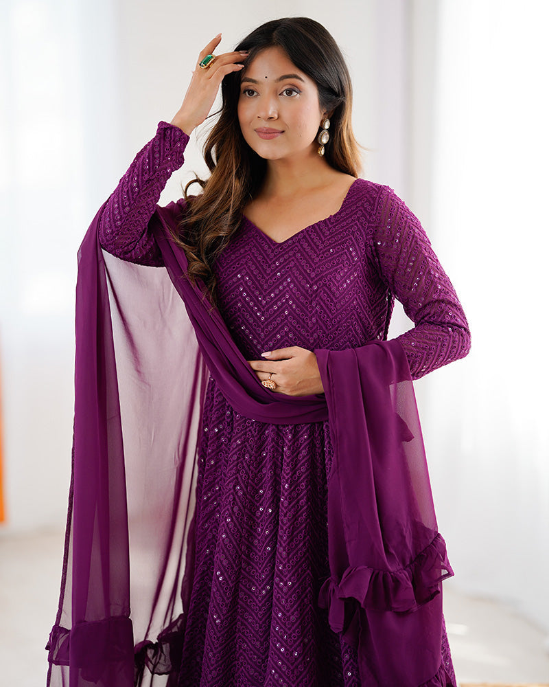 Womenline Wine Color Georgette Lucknowi Three Piece Anarkali Suit