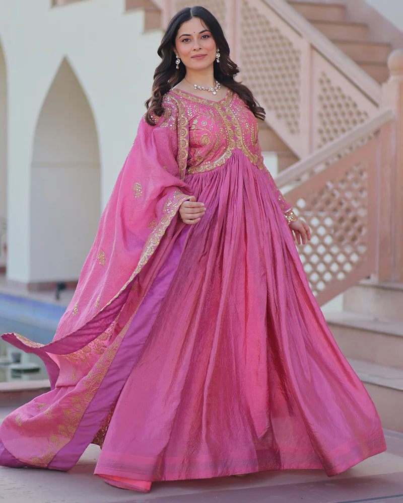 Womenline Pink Color Gold Crush Embroidered Work Gown