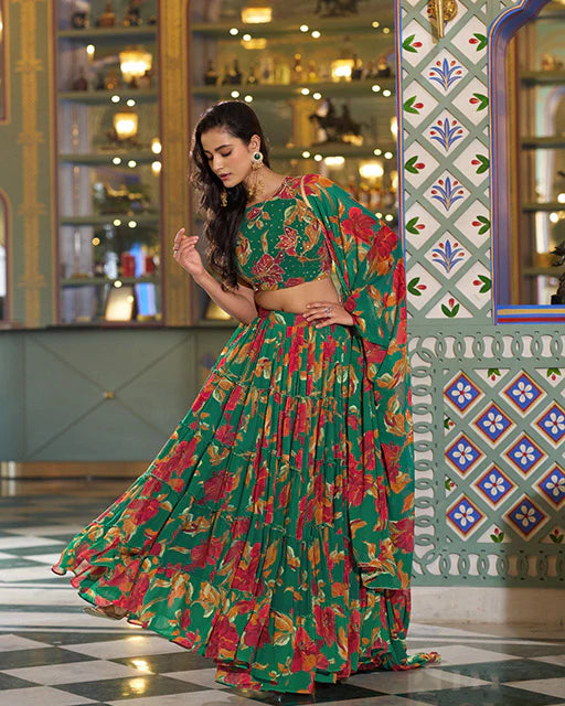 Womenline Green Color Marble Floral Printed Lehenga Choli