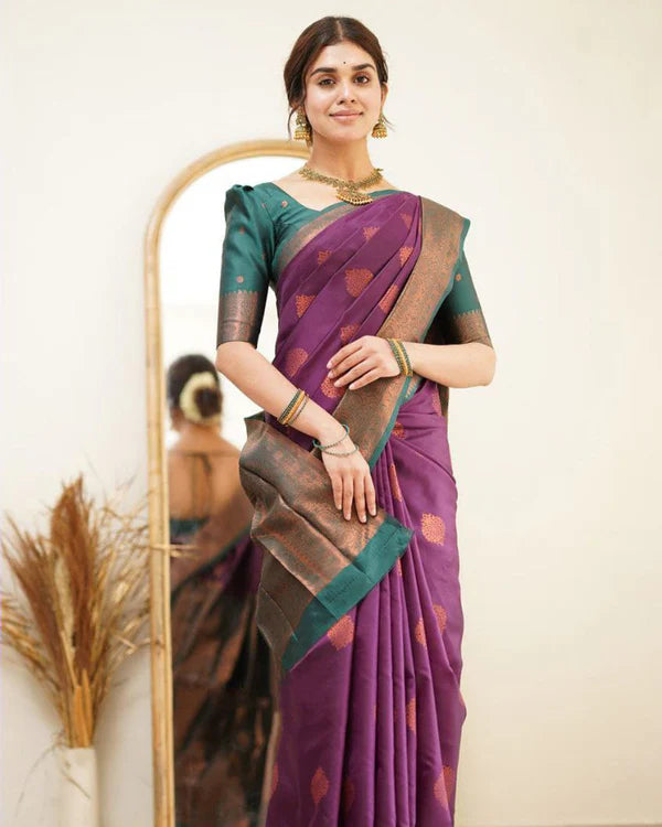 Womenline Wine Color Jacquard Print Banarasi Soft Silk Saree