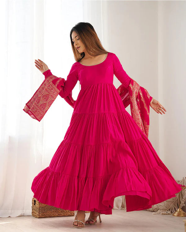 Womenline Rani Pink Color Pure Roman Silk Ruffle Style Anarkali Suit