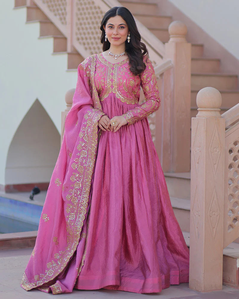 Womenline Pink Color Gold Crush Embroidered Work Gown