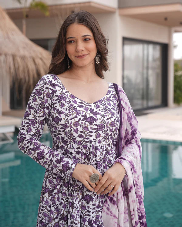 Womenline White And Purple Color Floral Printed Cotton Anarkali Suit