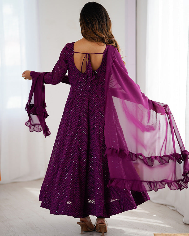 Womenline Wine Color Georgette Lucknowi Three Piece Anarkali Suit