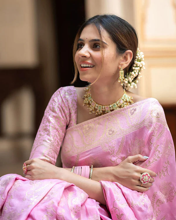 Womenline Pink Color Banarasi Jacquard Zari Weaving Saree