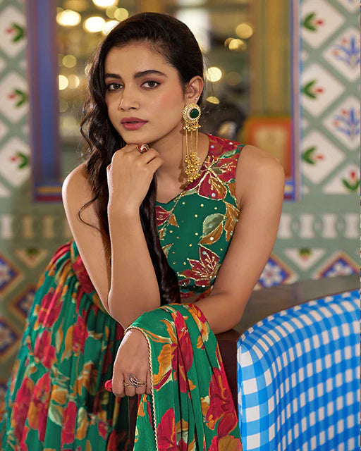 Womenline Green Color Marble Floral Printed Lehenga Choli