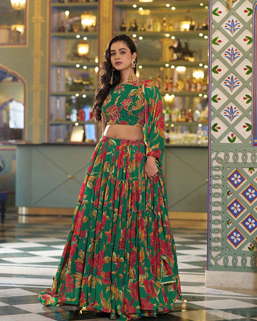Womenline Green Color Marble Floral Printed Lehenga Choli