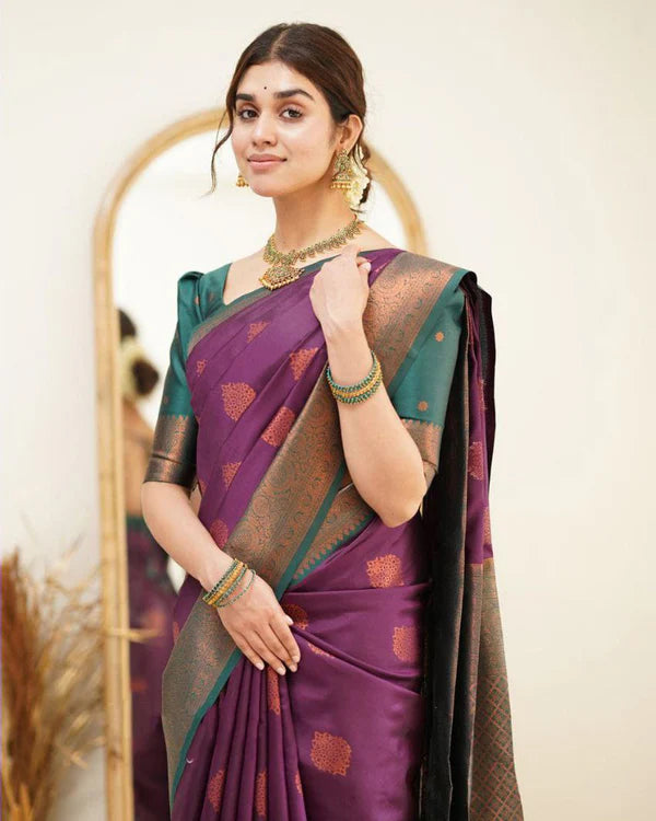 Womenline Wine Color Jacquard Print Banarasi Soft Silk Saree