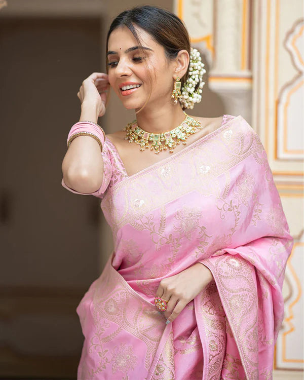Womenline Pink Color Banarasi Jacquard Zari Weaving Saree