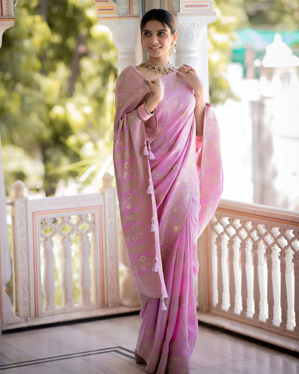 Womenline Pink Color Banarasi Jacquard Zari Weaving Saree
