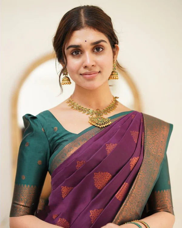 Womenline Wine Color Jacquard Print Banarasi Soft Silk Saree