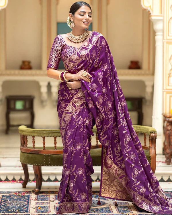 Womenline Purple Color Banarasi Jacquard Zari Weaving Saree