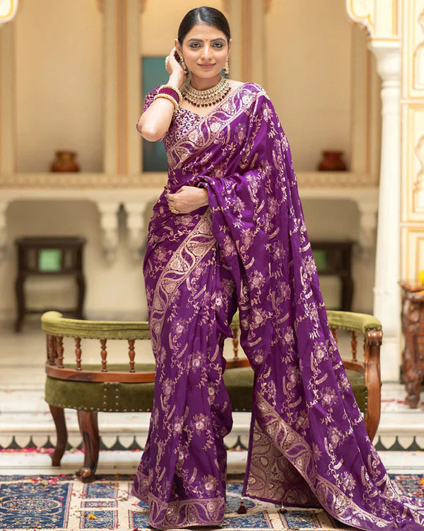 Womenline Purple Color Banarasi Jacquard Zari Weaving Saree