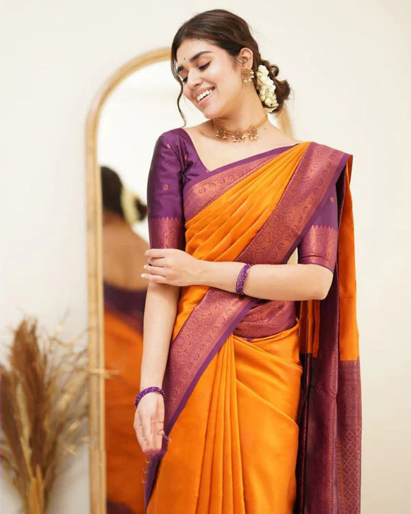 Womenline Orange Color Jacquard Print Banarasi Soft Silk Saree
