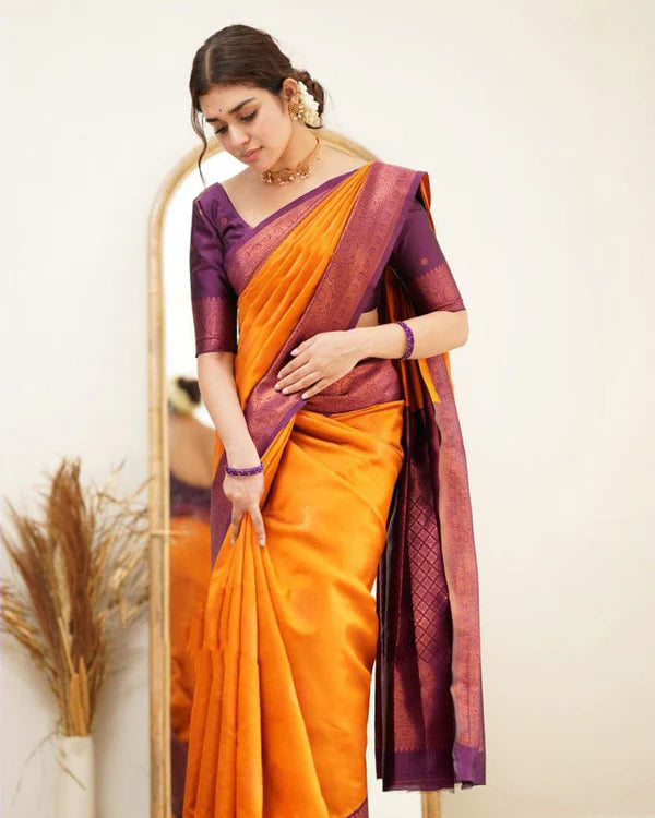 Womenline Orange Color Jacquard Print Banarasi Soft Silk Saree