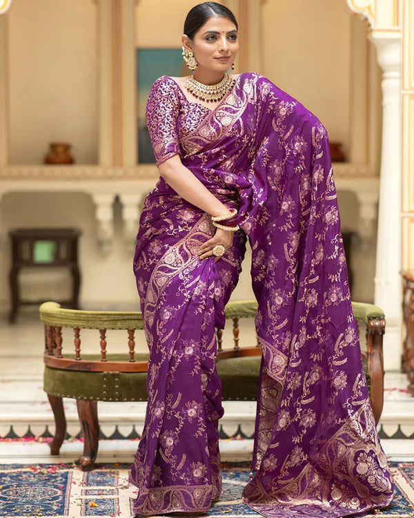 Womenline Purple Color Banarasi Jacquard Zari Weaving Saree