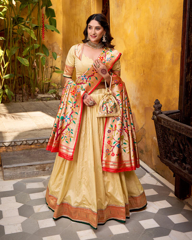 Womenline Cream Color Paithani Silk Zari Weaving Lehenga Choli