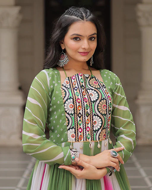 Womenline Green Color Faux Georgette Bandhej Print Navratri Gown