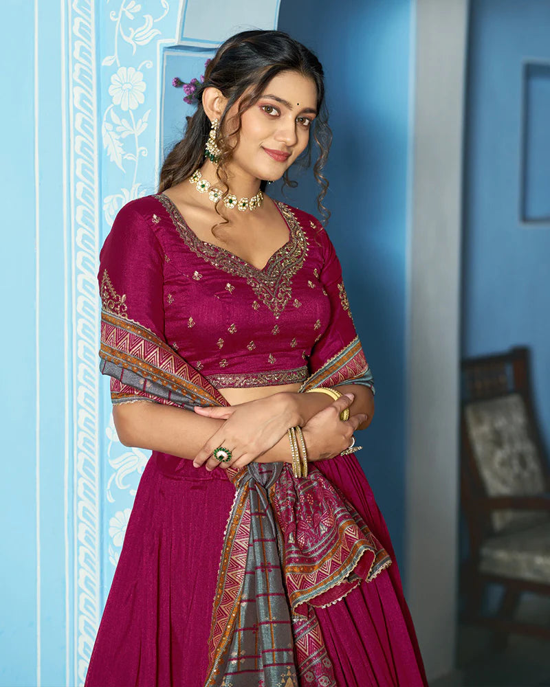 Womenline Elegant Rani Pink Embroidered Vichitra Silk Lehenga Choli