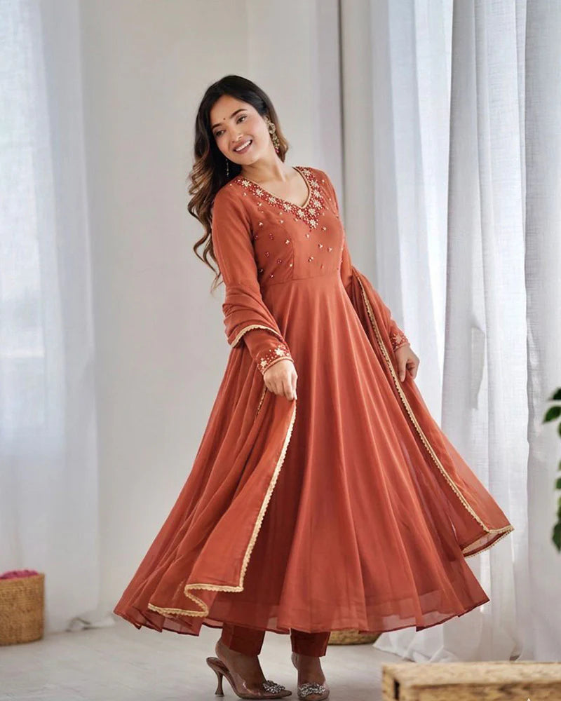 Womenline Rust Orange Color Georgette Three Piece Anarkali Suit