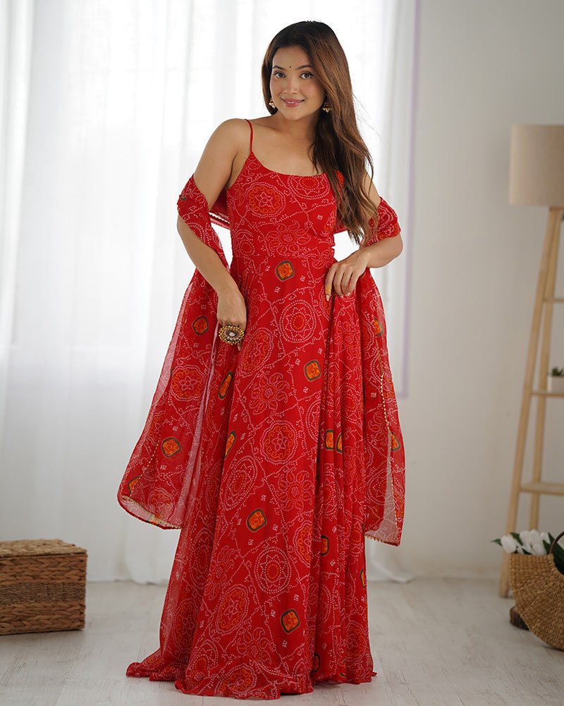 Womenline Floral Red Color Bandhani Print Soft Chiffon Anarkali Gown