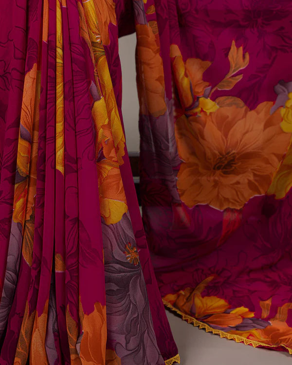 Womenline Pink Color Weightless Marble Floral Printed Saree