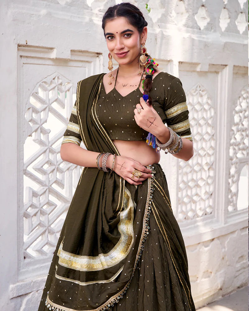 Womenline Classic Mehndi Color Pure Chanderi Navratri Lehenga Choli