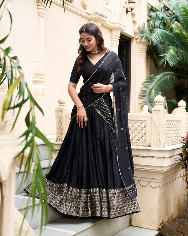 Womenline Black Color Pure Chanderi Plain Navratri Half Saree