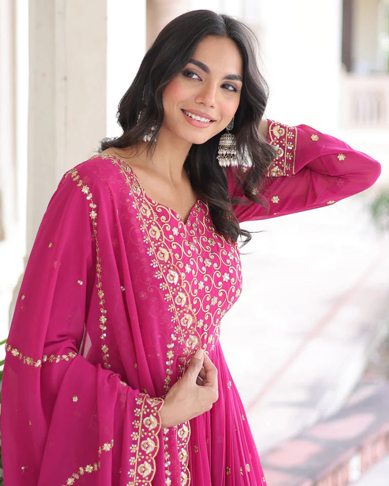 Womenline Hot Pink Color Georgette Embroidered Designer Gown