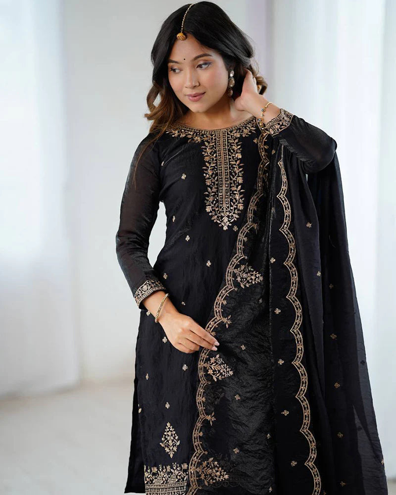 Womenline Black Color Crunchy Silk Sharara Suit