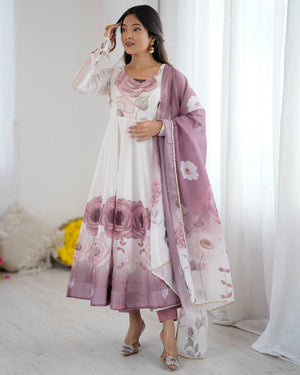 Womenline Onion Pink Color Floral Pure Soft Tebby Organza Three Piece Anarkali Suit