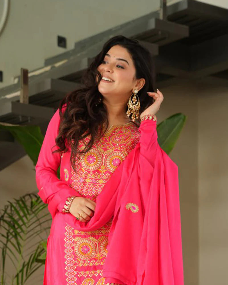 Womenline Gajri Color Chinon Embroidered Kurti Suit