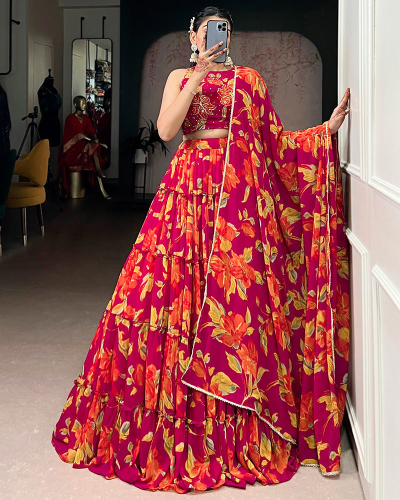 Womenline Pink Color Marble Floral Printed Lehenga Choli