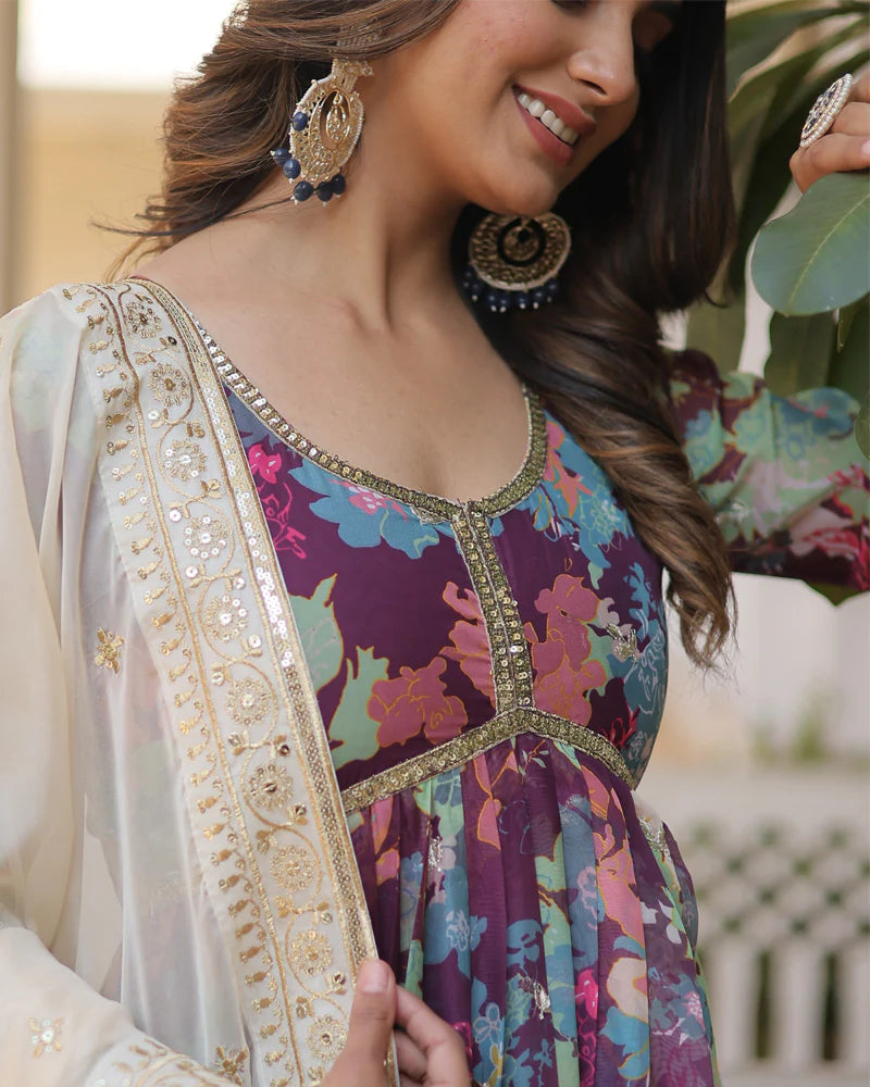 Womenline Wedding Wear Floral Embroidered Wine Color Alia Cut Gown With Dupatta