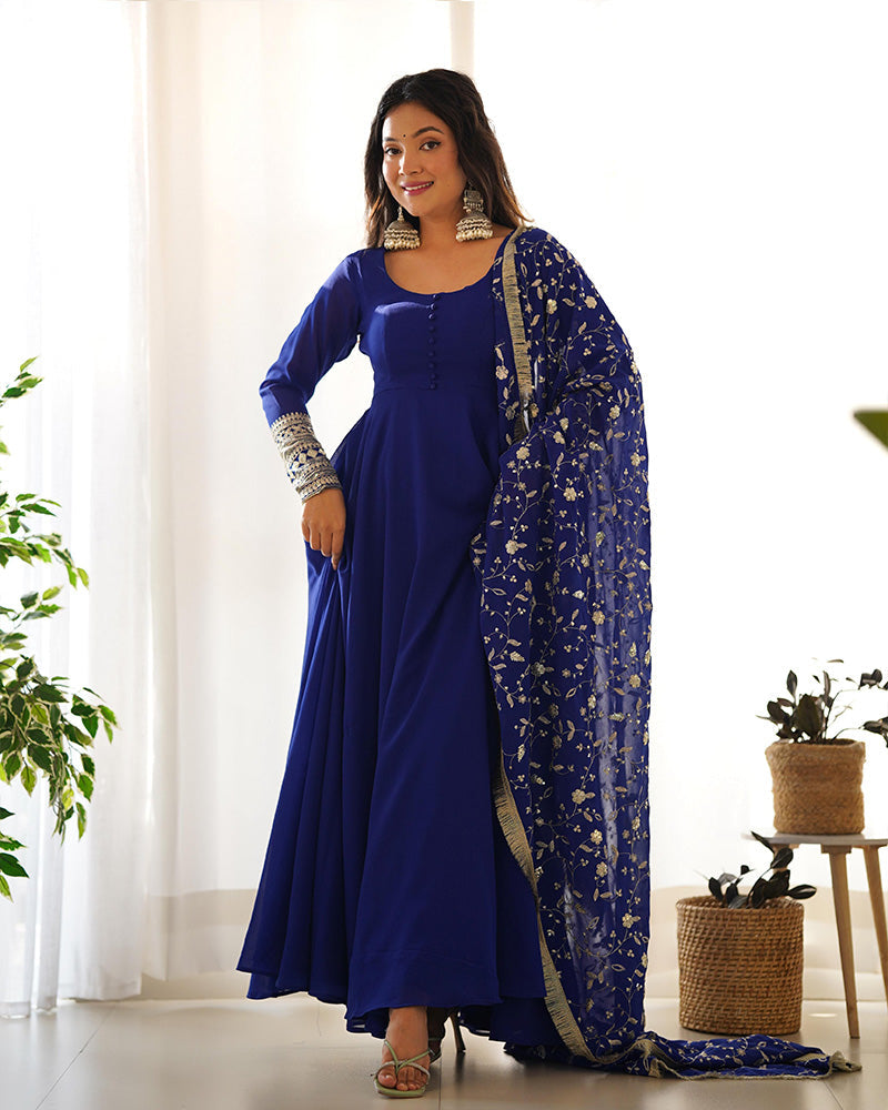 Womenline Blue Color Soft Georgette With Heavy Embroidery Work Dupatta Anarkali Suit
