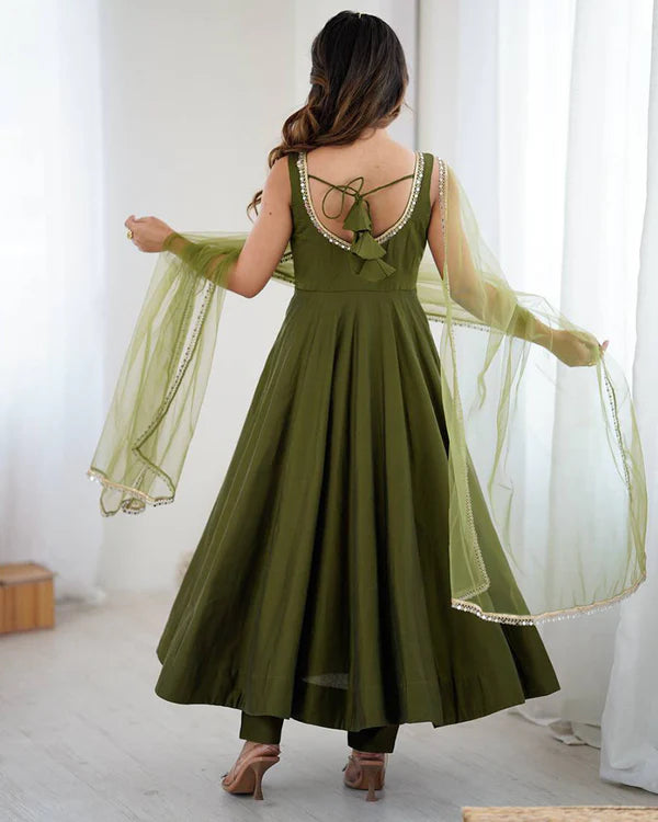 Womenline Mehndi Color Chanderi Pure Roman Silk Anarkali Suit