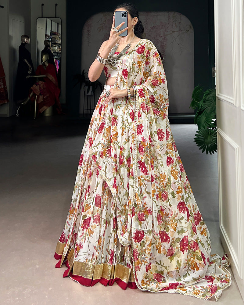 Womenline White Color Chiffon Printed Lehenga Choli