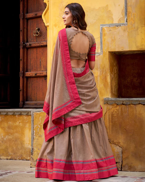 Womenline Chickoo Color Pure Chanderi Threaded Half Saree
