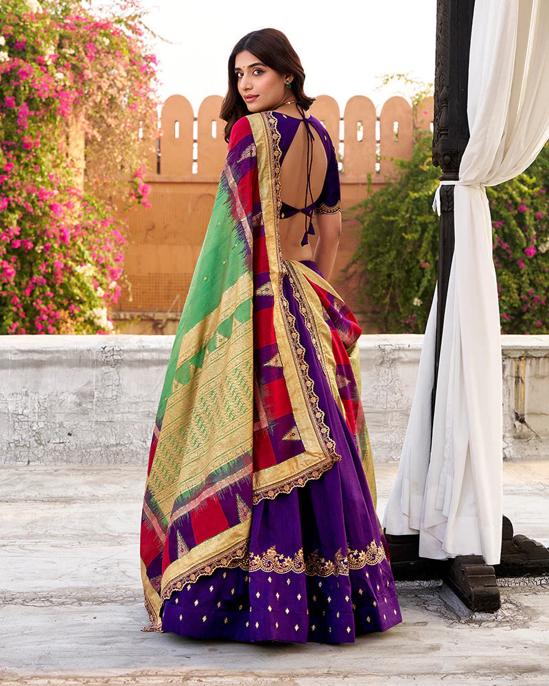 Womenline Designer Purple Color Vichitra Silk Embroidered Lehenga Choli