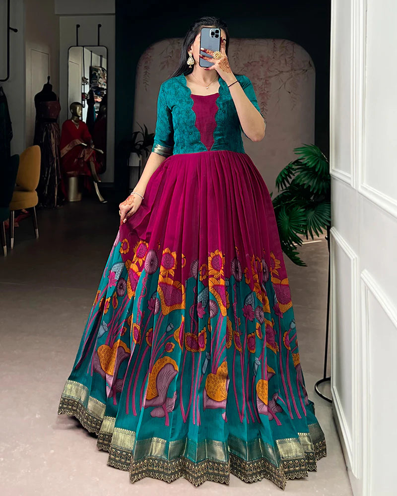 Womenline Pink Color Viscose Chanderi Floral Printed Gown