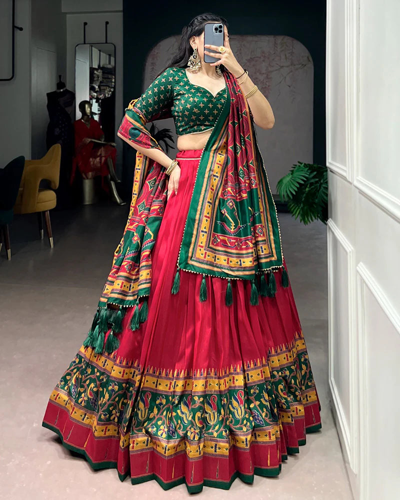Womenline Red Color Tasar Silk Traditional Lehenga Choli