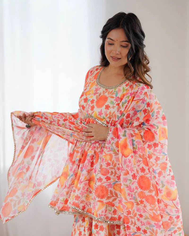 Womenline Orange Color Pure Soft Organza Sharara Suit