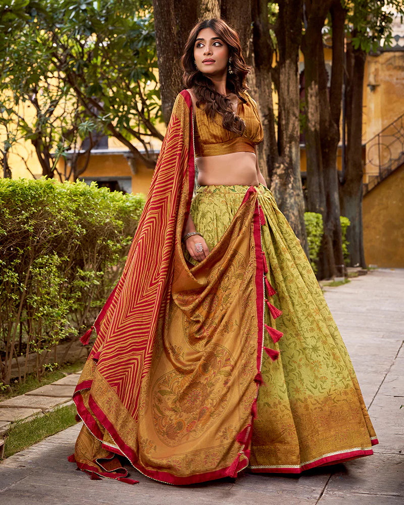 Womenline Copper Color Vichitra Silk Printed Lehenga Choli