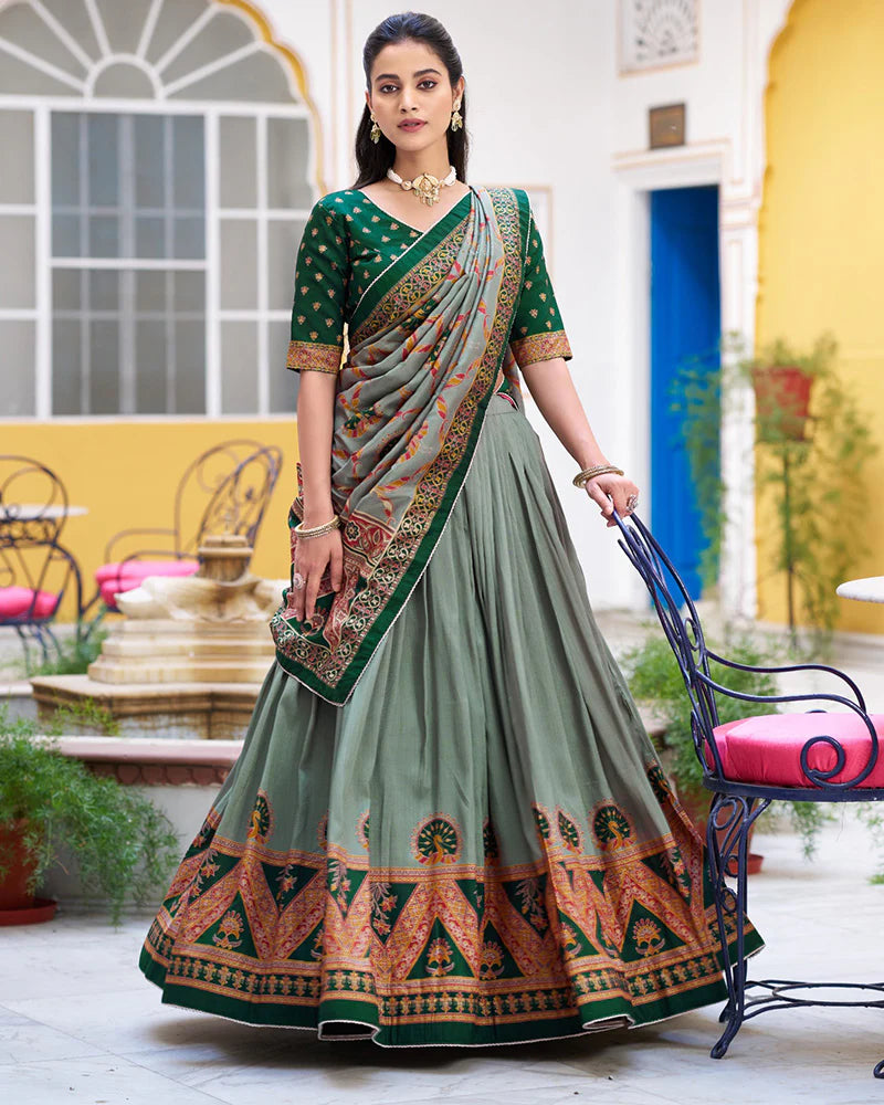 Womenline Green Color Tasar Silk Printed Sparkle Lehenga Choli