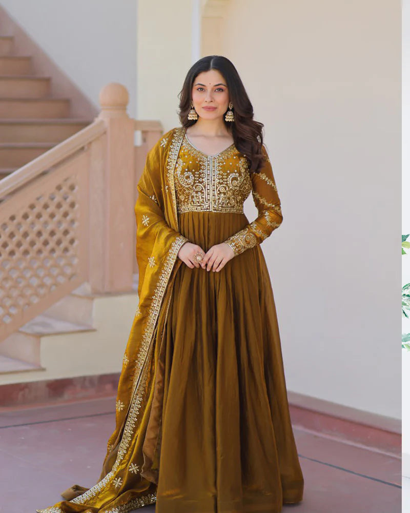 Womenline Mehndi Color Fendi Embroidered Gown