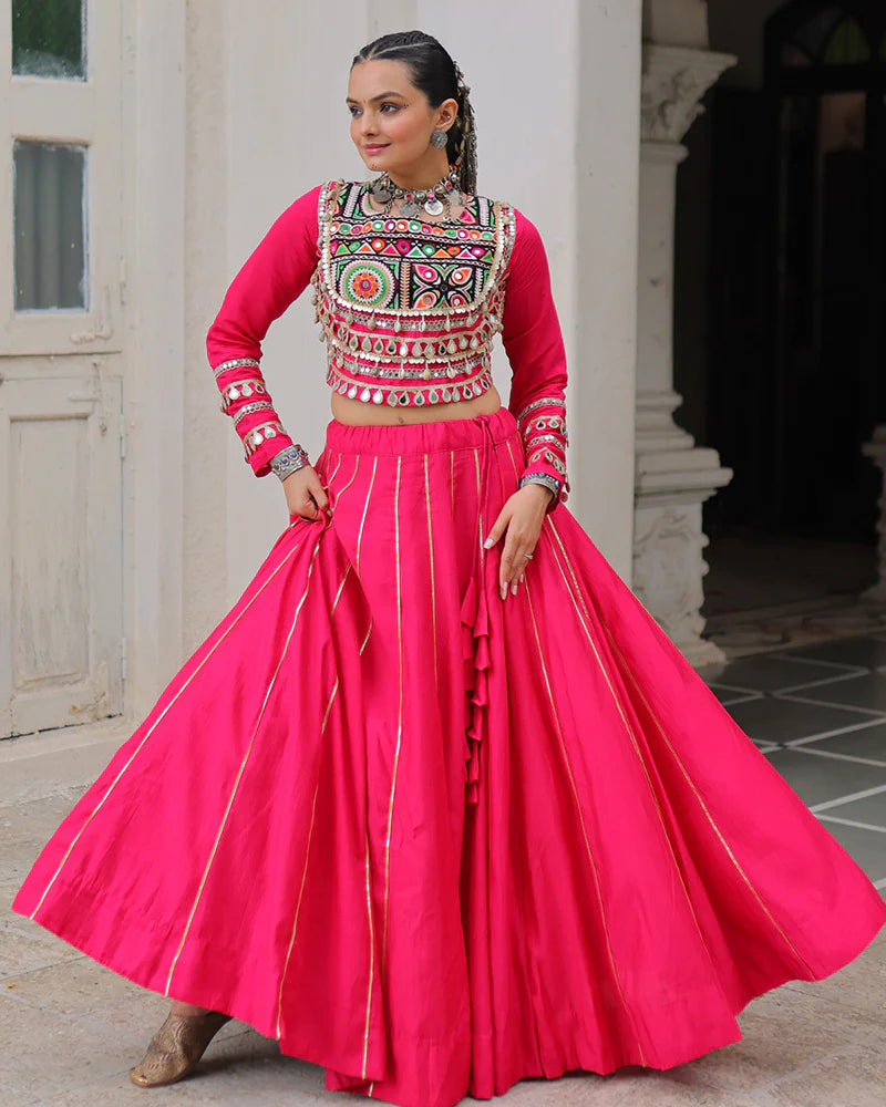 Womenline Pink Color Roman Silk Navratri Lehenga Choli