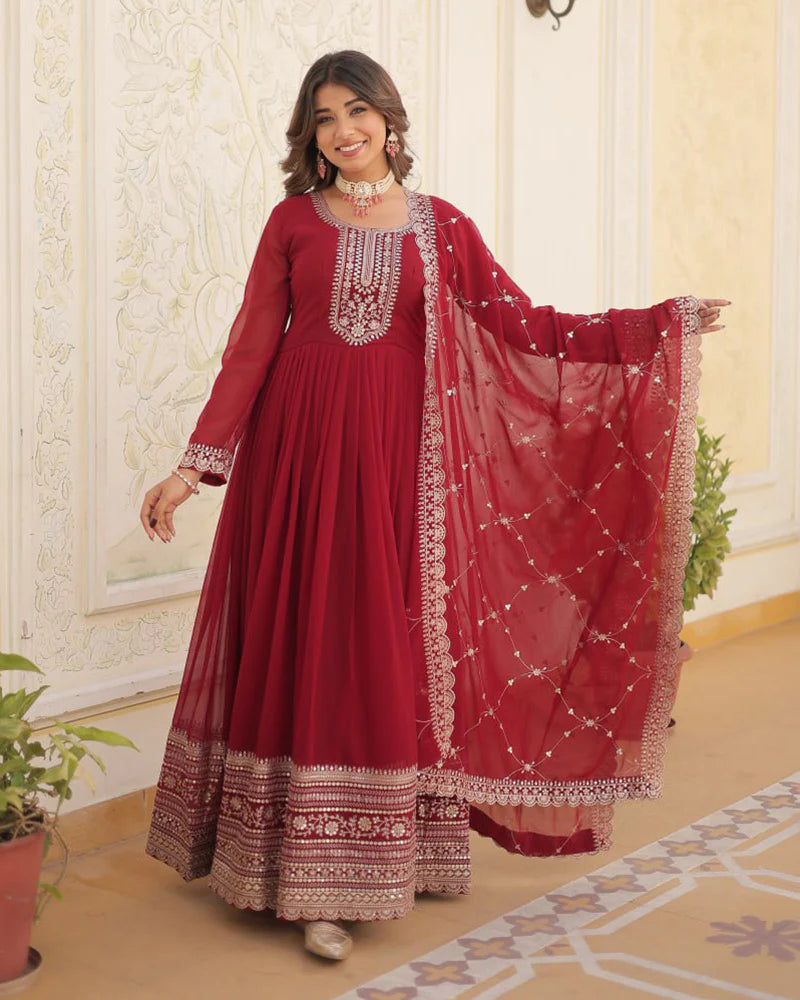 Womenline Maroon Color Faux Blooming Rich Sequence Embroidered Gown