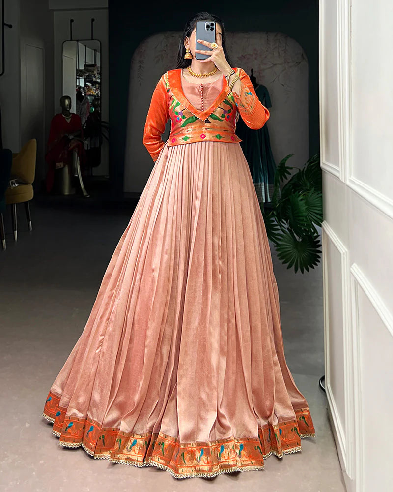 Womenline Peach Color Vichitra Silk Zari Weaving Gown