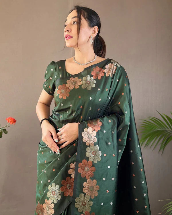 Womenline Jacquard Design Green color Soft Lichi Silk Saree